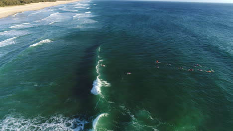 Luftaufnahme-Einer-Gruppe-Von-Zangen,-Die-Während-Einer-Morgendlichen-Trainingseinheit-Am-Mermaid-Beach-An-Der-Gold-Coast-In-Australien-Paddeln-Und-Sich-Umdrehen