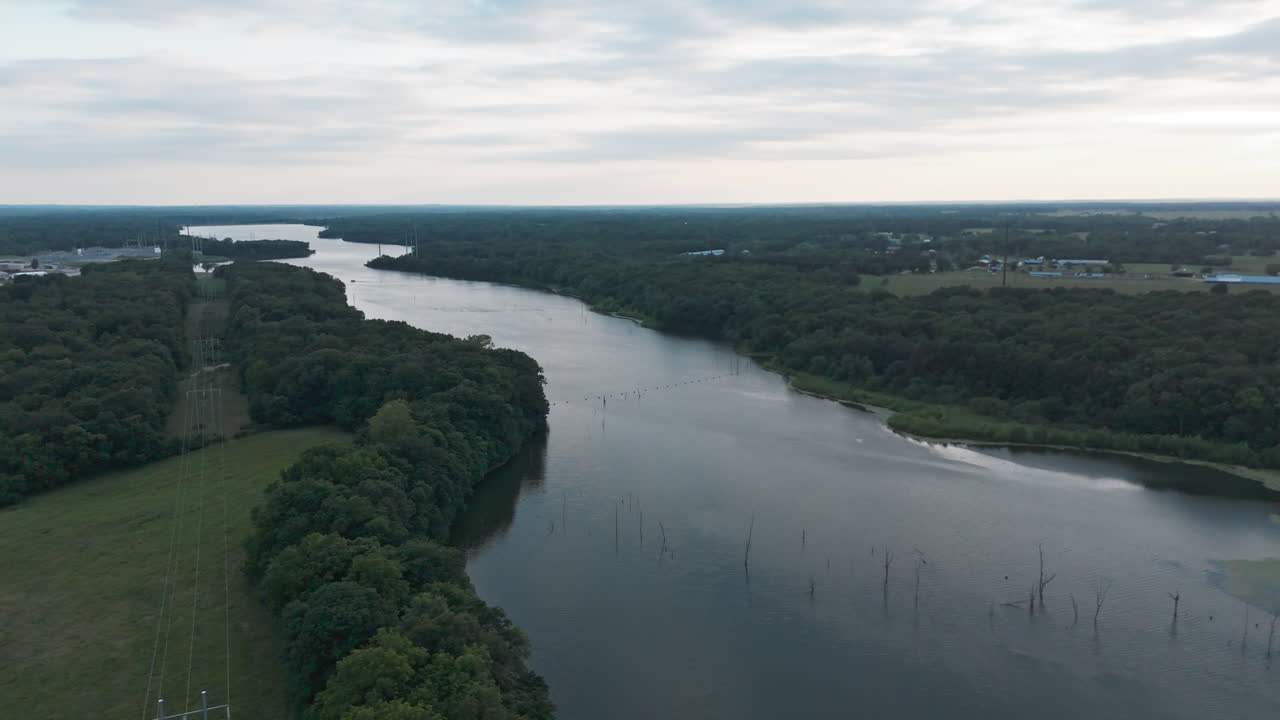 Drone, gently curving lake edge bordered by mixed forest with muted daylight overhead, tilt down onto field