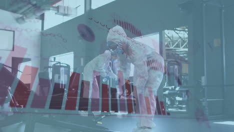 procesamiento de datos estadísticos de coronavirus contra un equipo de trabajadores de la salud rociando desinfectante en el gimnasio
