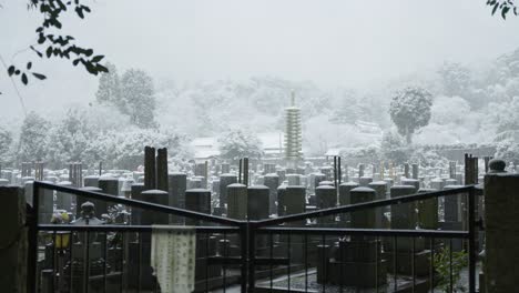 snow falling over japanese graveyard with winter scene background