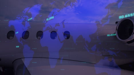 animación del procesamiento de datos con procesamiento de números sobre el mapa del mundo y el plano