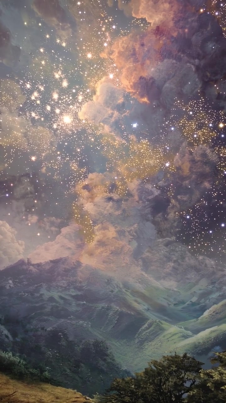 Dreamy Painted Landscape with Sparkling Stars and Colorful Clouds