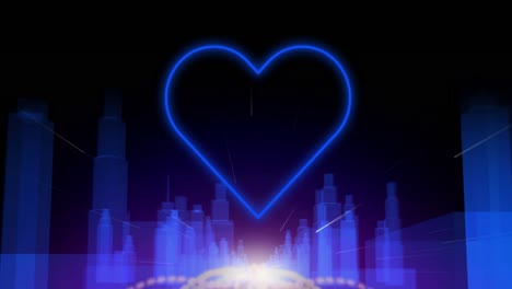 animation of blue neon heart flashing over blue cityscape on black