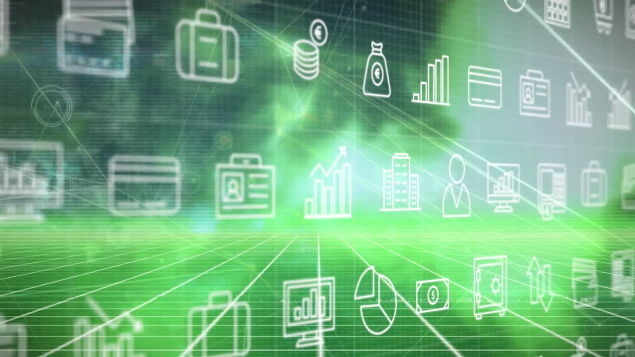 회색 배경에 대해 녹색 그리드 네트워크를 통해 디지털 아이콘과 디지털 아이콘의 애니메이션