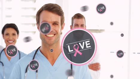 Animation-of-love-texts-over-group-of-smiling-doctors