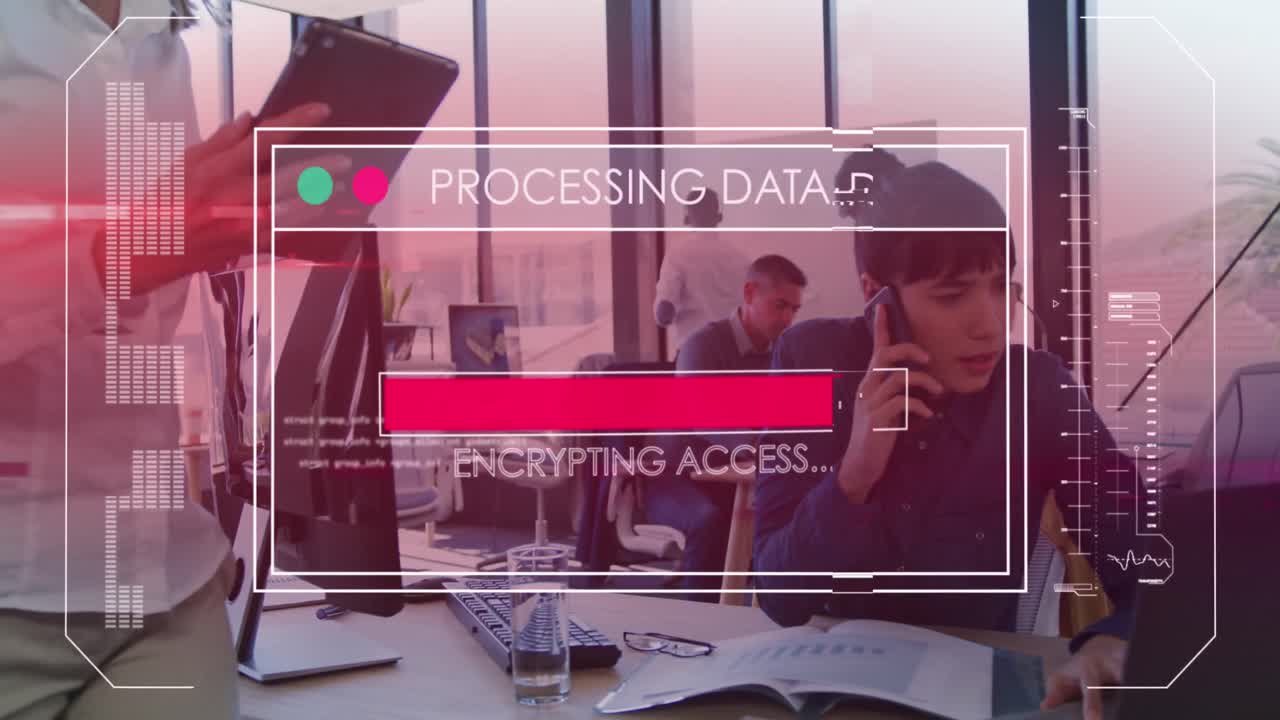 Animation of data processing over diverse business people at office