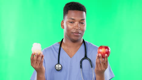 green screen, nurse and black man with apple