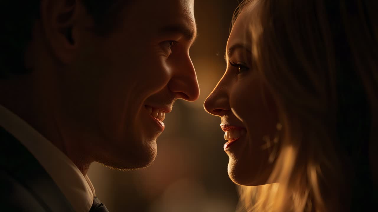 Smiling couple leaning closer in dim lounge, in suit jacket and earrings, seeking connection
