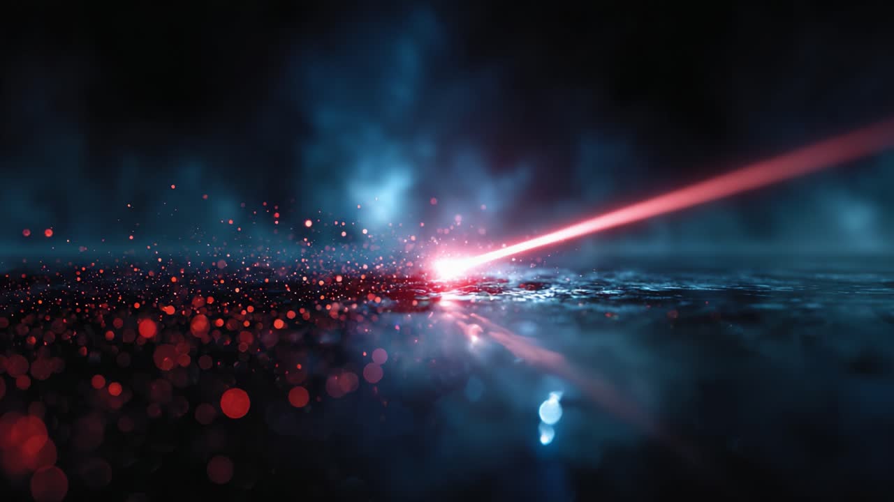 Fesselnde Bildmaterial von Laserlicht mit Partikeln in einer rätselhaften Umgebung, wodurch eine atemberaubende Darstellung von Farbe und Bewegung in einer dunklen Atmosphäre entsteht