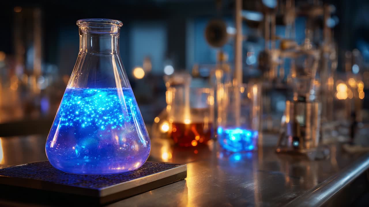 Captivating Magical Laboratory Experiments in Progress: A Transformation of Colorful and Illuminating Liquid Solutions Inside Scientific Beakers Surrounded by Various Laboratory Equipment and Tools
