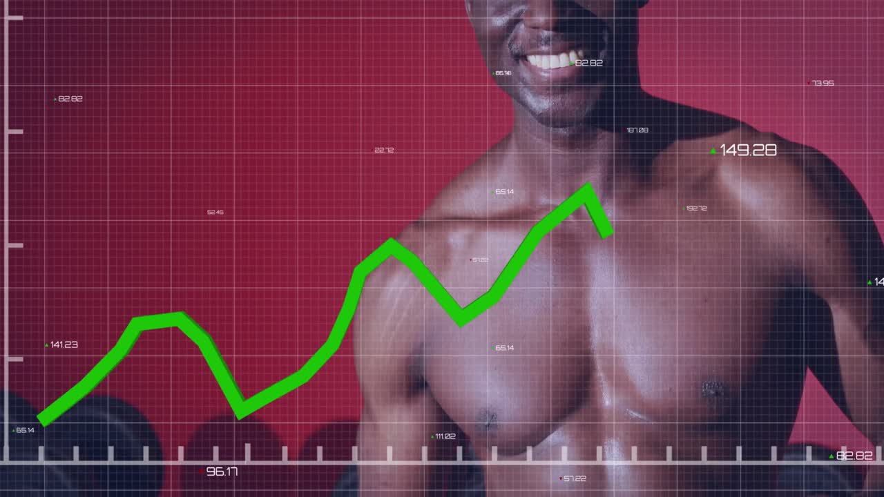 Animation of data and graphs over happy african american man resting at gym