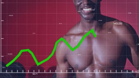 animation of data and graphs over happy african american man resting at gym