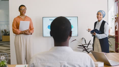 femme d'affaires et femmes d'affaires musulmanes faisant une présentation au bureau pendant qu'un jeune travailleur est assis en train d'écouter ses collègues 1