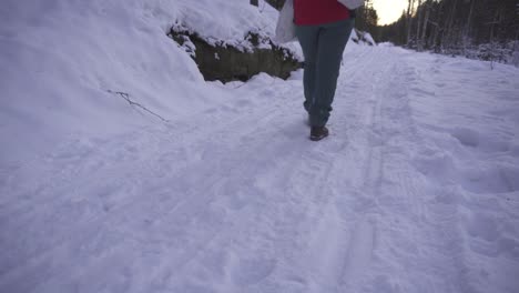 Woman-Walking-Down-A-Road-In-The-Snowy-Winter-Forest---tilt-up-shot