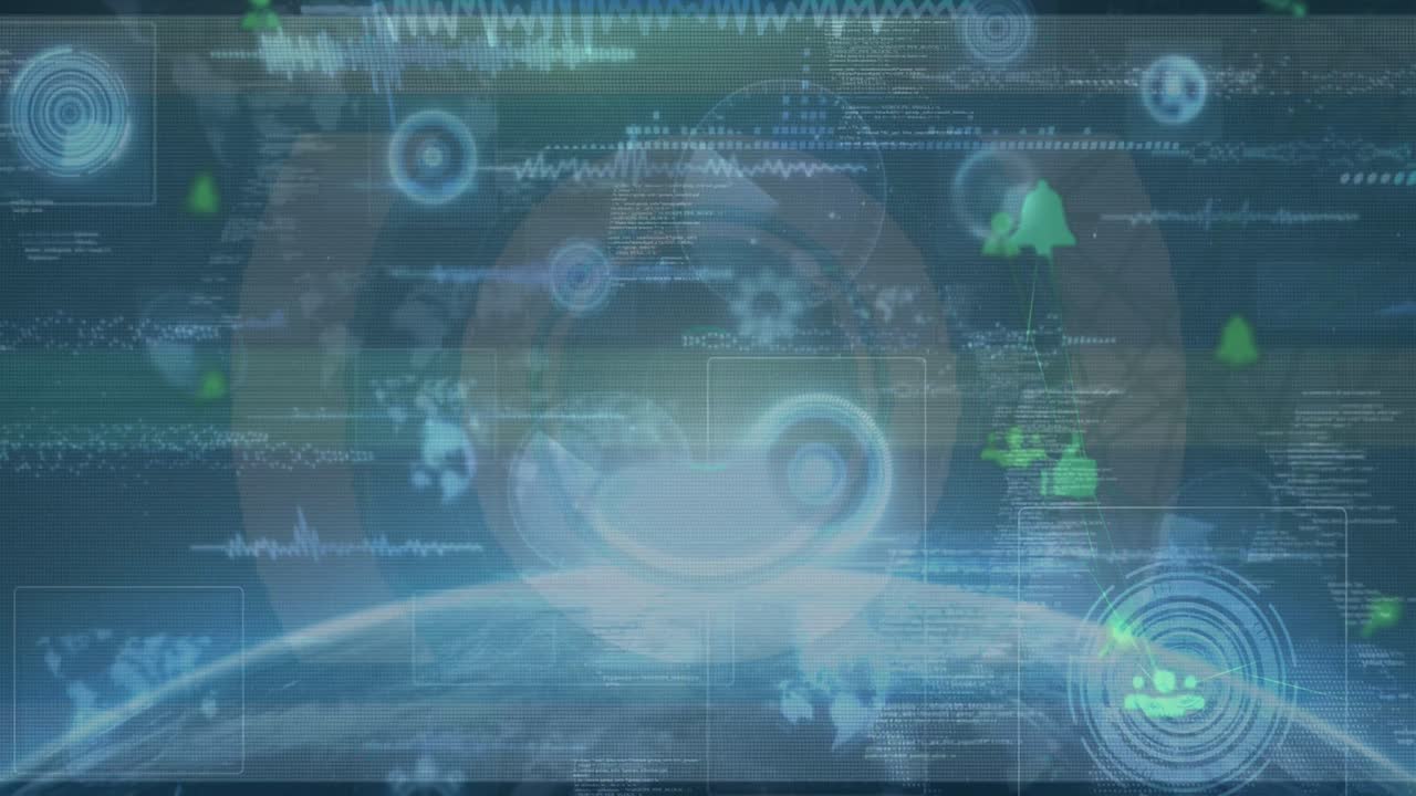 데이터, 디지털 화면, 연결 및 지구의 애니메이션