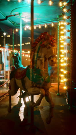 a weathered carousel horse stands alone under dim lights