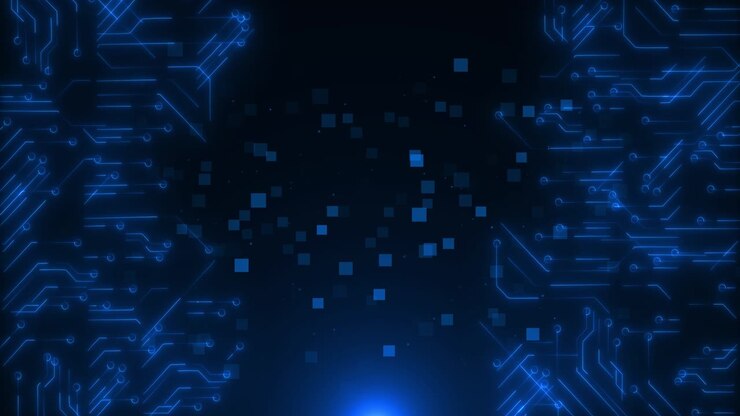 Simulazione di matrice di dati, tecnologia di linea e griglia digitale con HUD futuristico e chip digitale della scheda madre.
