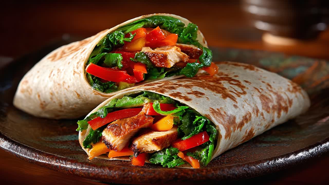 Delicious and Colorful Chicken Wraps Loaded with Fresh Vegetables, Served on a Rustic Plate, Ideal for a Healthy Meal or Snack with Bold Flavors