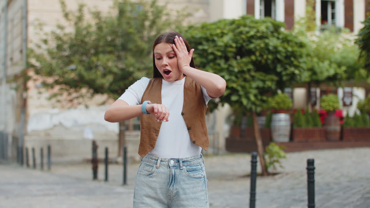 Scared woman worrying about being punctual with anxiety checking time and running on city street