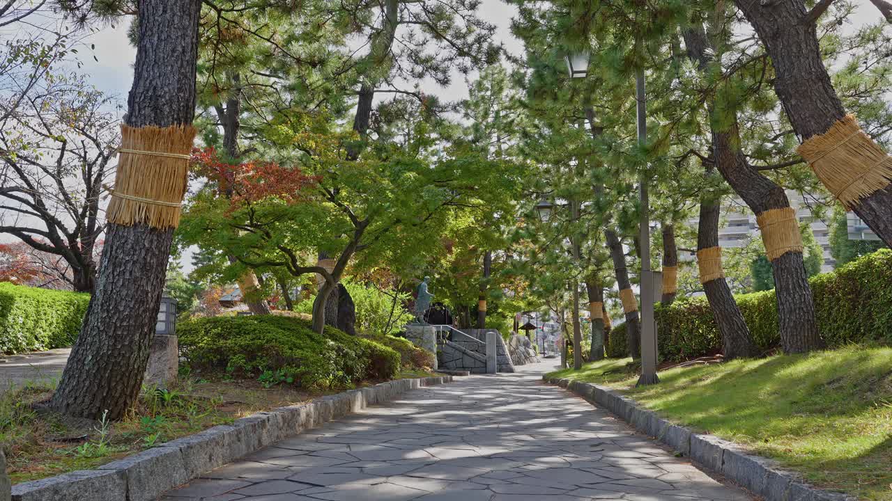 Stone-paved pathway lined with straw-wrapped pine trees leading toward a monument in a Japanese park