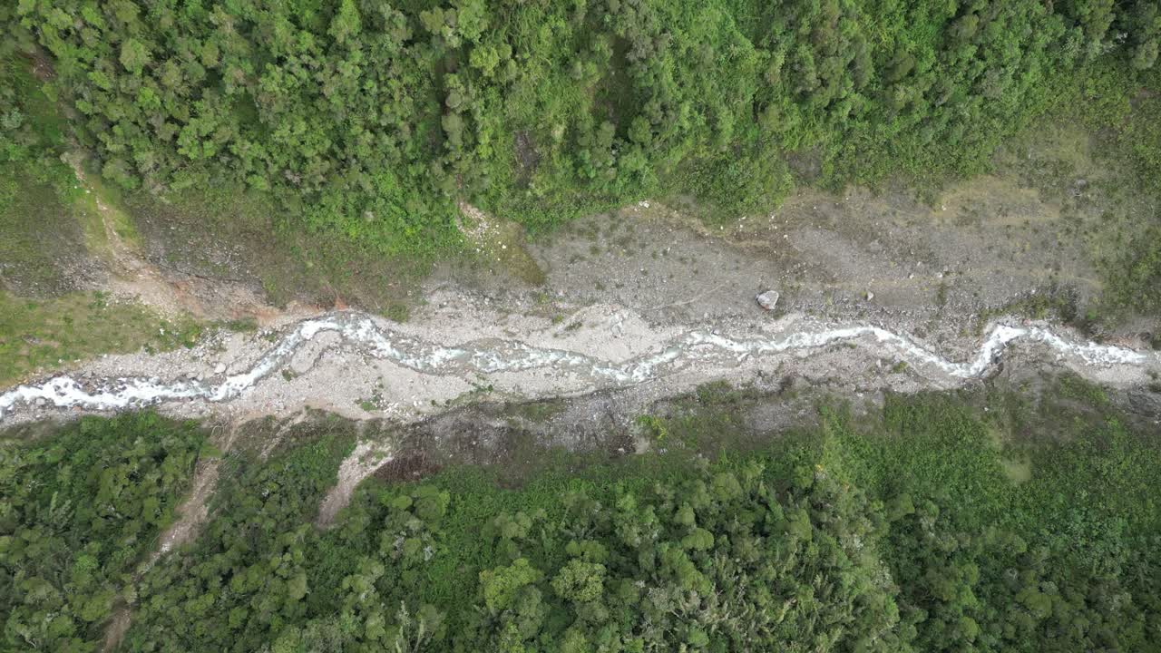 Vista aerea dall'alto di un fiume andino che serpeggia attraverso un terreno accidentato, con l'acqua che traccia un percorso netto attraverso il paesaggio