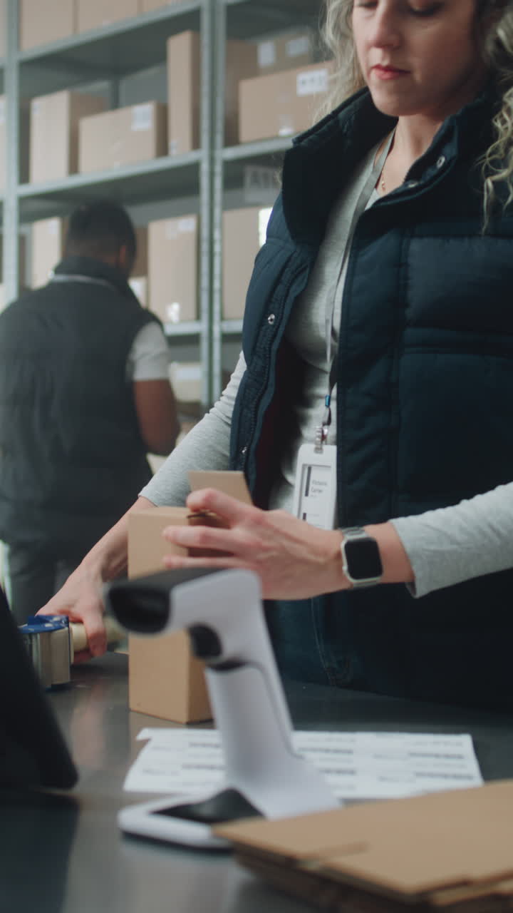 trabajador de almacén que empaca y etiqueta cajas