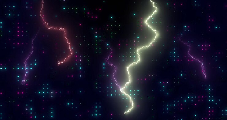 Yellow bolt slashing center fading red and purple bolts flickering pulsing over grid showing energy
