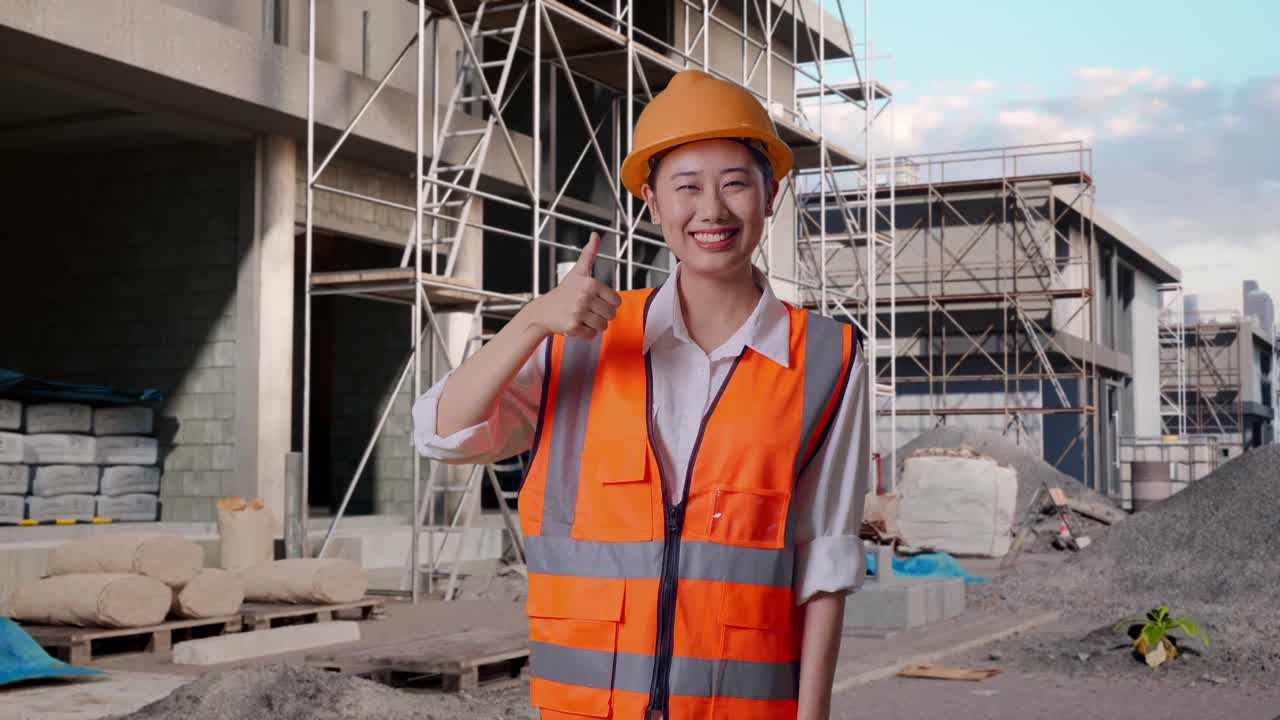 Asian Female Engineer With Safety Helmet Smiling And Showing Thumbs Up Gesture To The Camera While Standing At Construction Site in Progress to New House