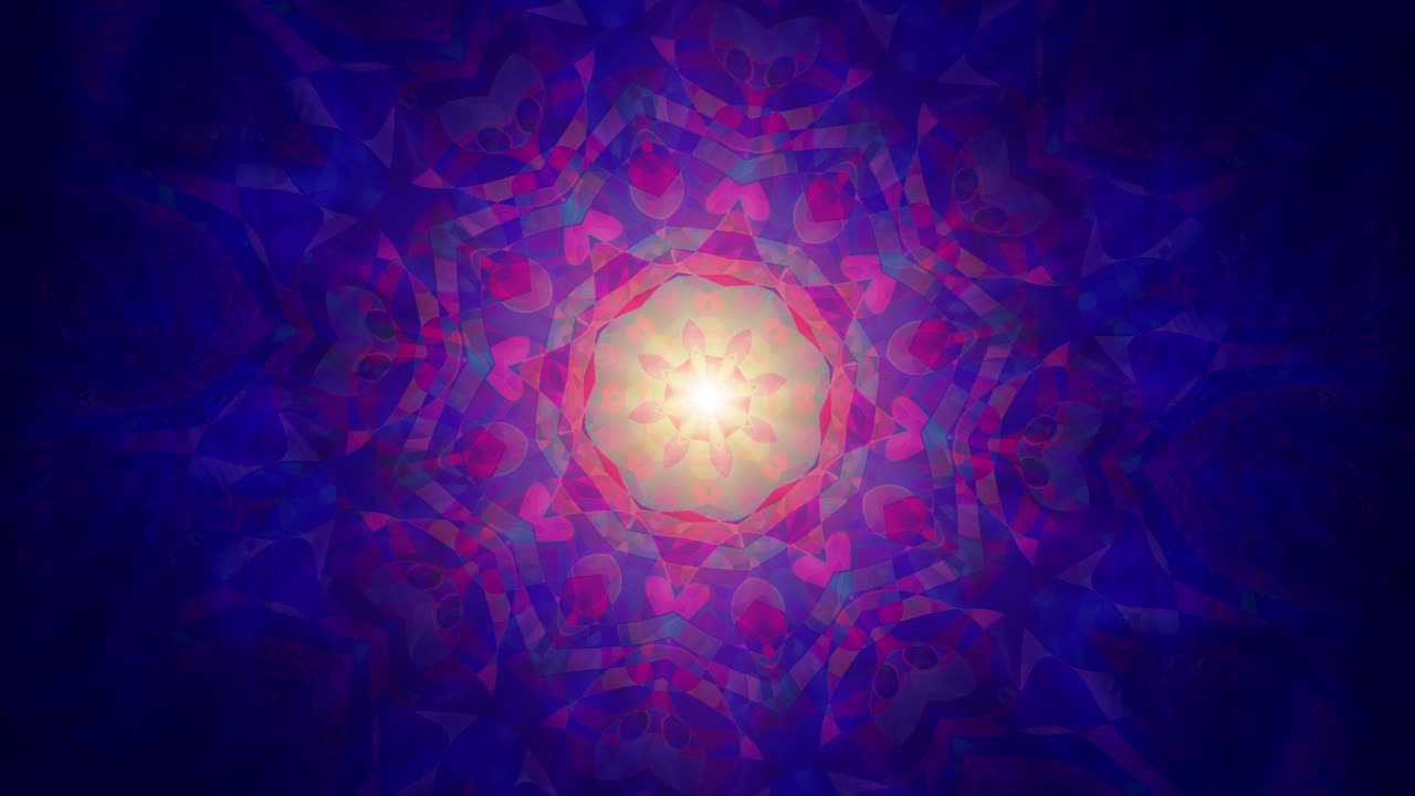 Loopable Psychedelic Kaleidoscope, Swirling Mandala Patterns and Vibrant Glowing Colors in a Purple Background