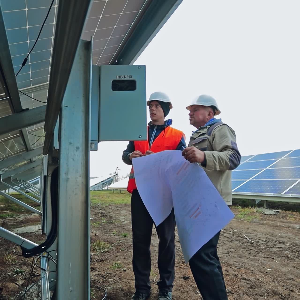 Solar technicians install photovoltaic panel on the field. Two engineers in protective uniform and hard hat with project plan under the big solar panel.