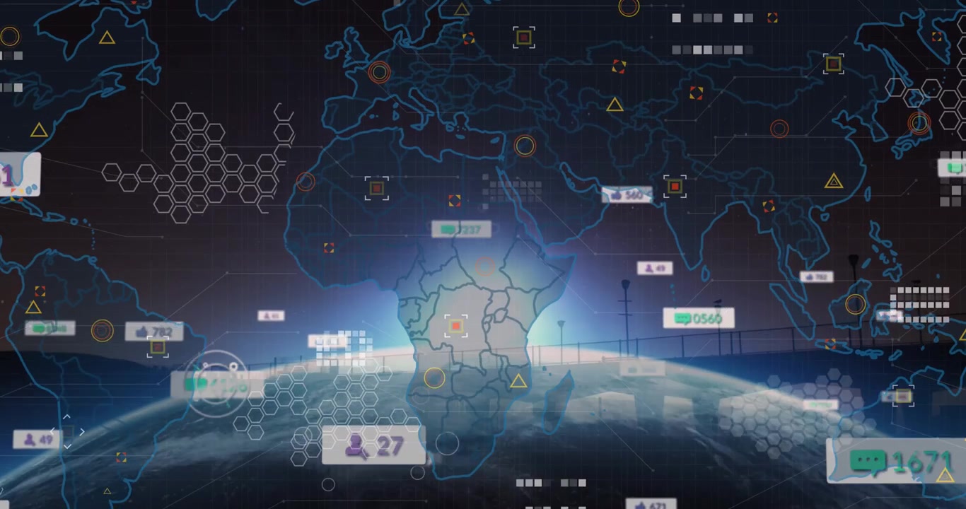 Animation of data processing and world map over globe