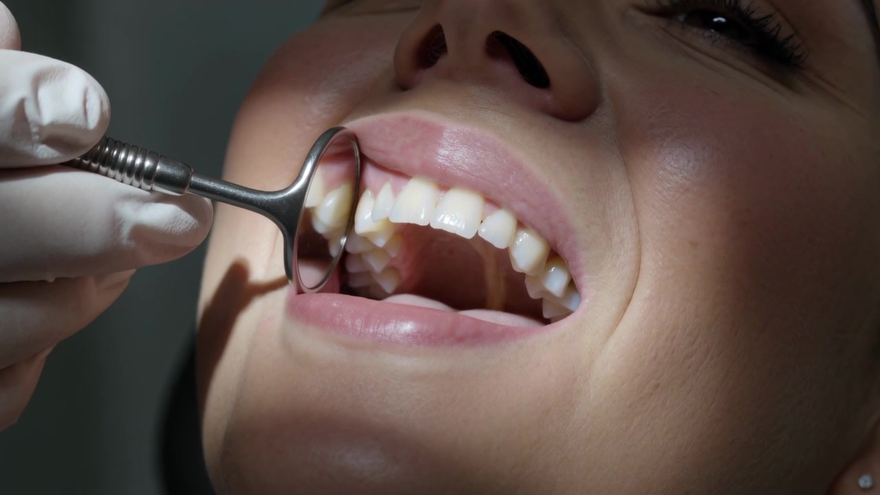 Inserting round dental mirror, gloved clinician examining lower left teeth in dental chair for exam