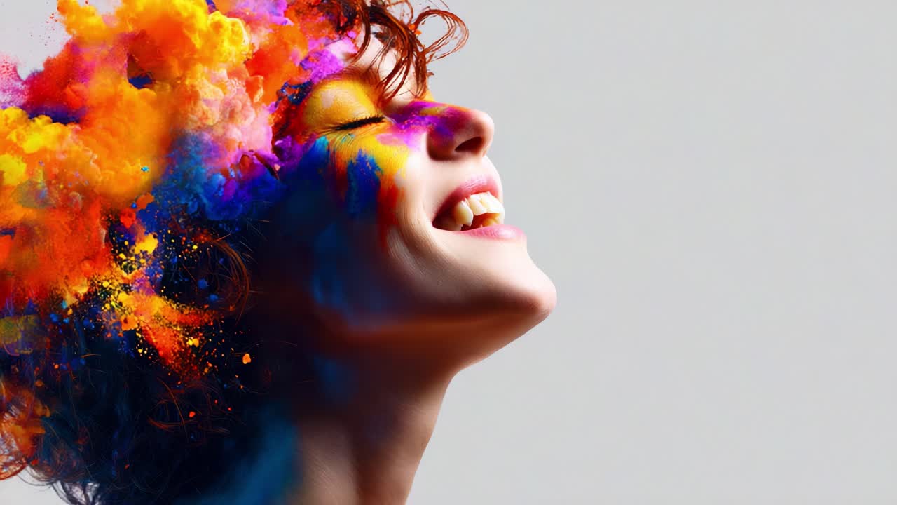 Vibrant Portrait of Joy: A Woman Surrounded by a Burst of Colorful Powder, Embodying the Essence of Happiness, Creativity, and Expressiveness in a Stunning Visual Display