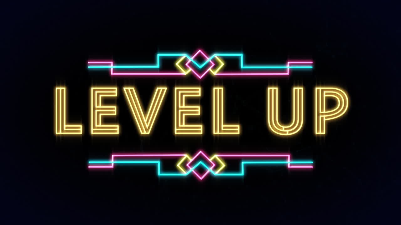 Animation of level up text over light trails on black background
