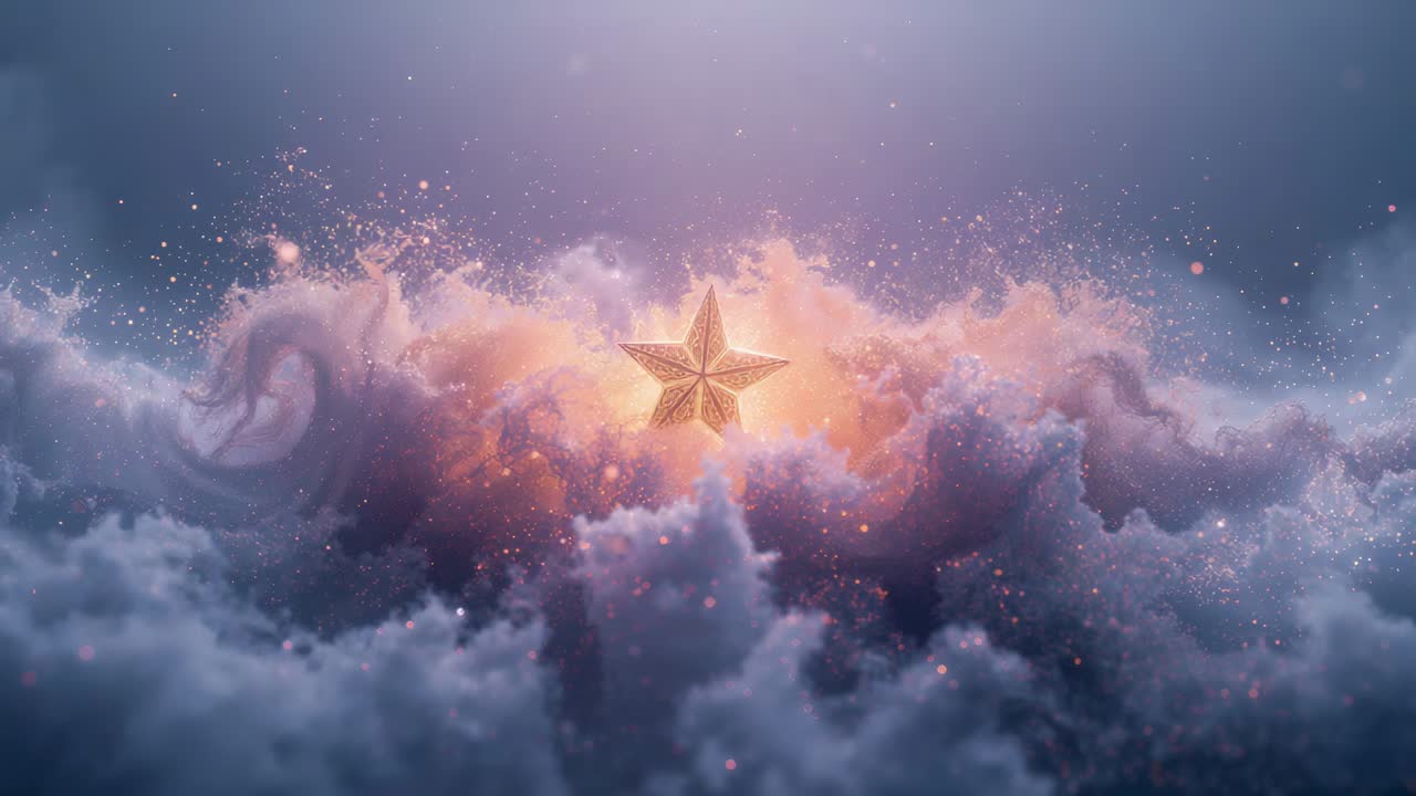 Growing warm halo around glowing ornate golden star, clouds rising, glints drifting, detail showing