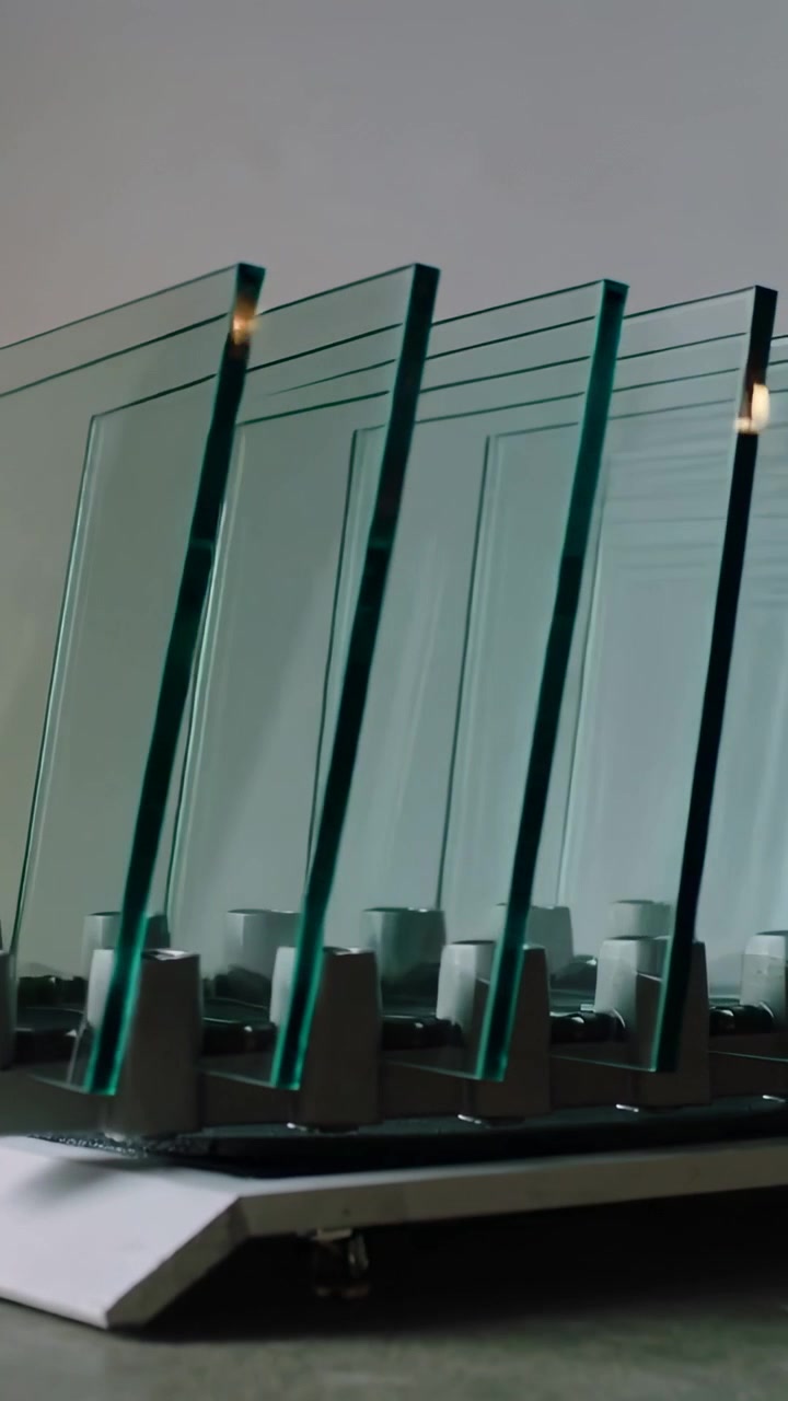 Video vertical: Paneles transparentes se deslizan desde la derecha hacia un estante, alineándose y mostrando reflejos de ventana.