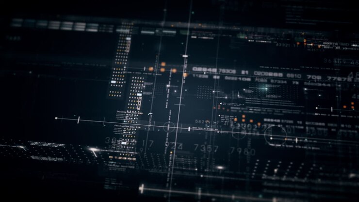 Advanced data matrix simulation UI with cutting-edge digital environment with a dynamic and immersive display of interconnected data matrix information networks systems background