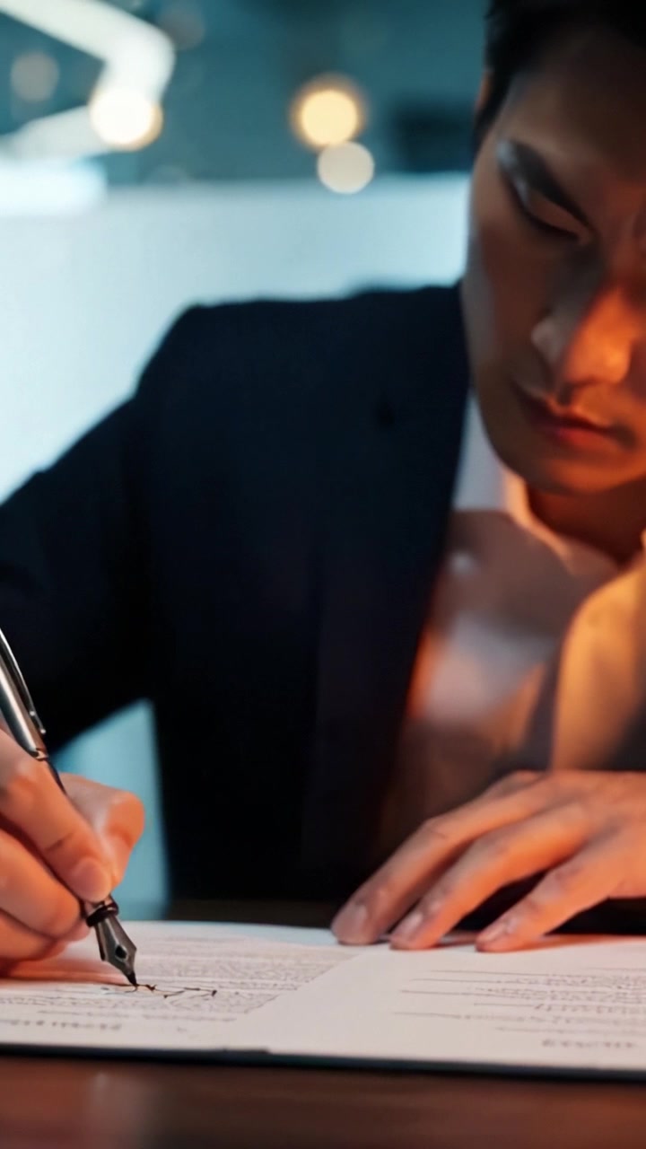 Focused Professional Signing Documents: A Close-Up View of a Man in a Suit Writing on Paper with Concentration in a Modern Office Environment.
