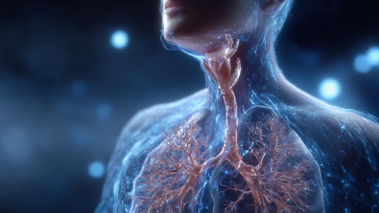 A Detailed View of Human Anatomy Featuring the Lungs and Respiratory System Illuminated with Ethereal Light, Showcasing the Intricate Structures and Vascular Networks