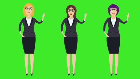 set of 3 business women, hello welcoming gesturing by hand, cartoon animation, green screen chroma key