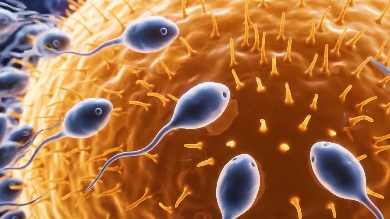 Un'esplorazione dettagliata dell'interazione cellulare: cellule spermatiche che si avvicinano a un ovulo in un vivido ambiente microscopico, evidenziando le dinamiche della riproduzione biologica.
