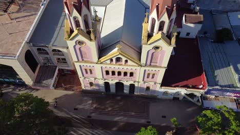 Aerial-Drone-view-of-a-cathedral-church-in-Posadas-city-of-Argentina-Shows-Birds-eye-view