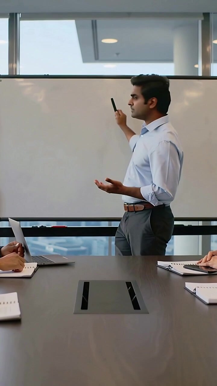 Vertical video: Starting office meeting man in blue shirt explaining pointing marker at whiteboard