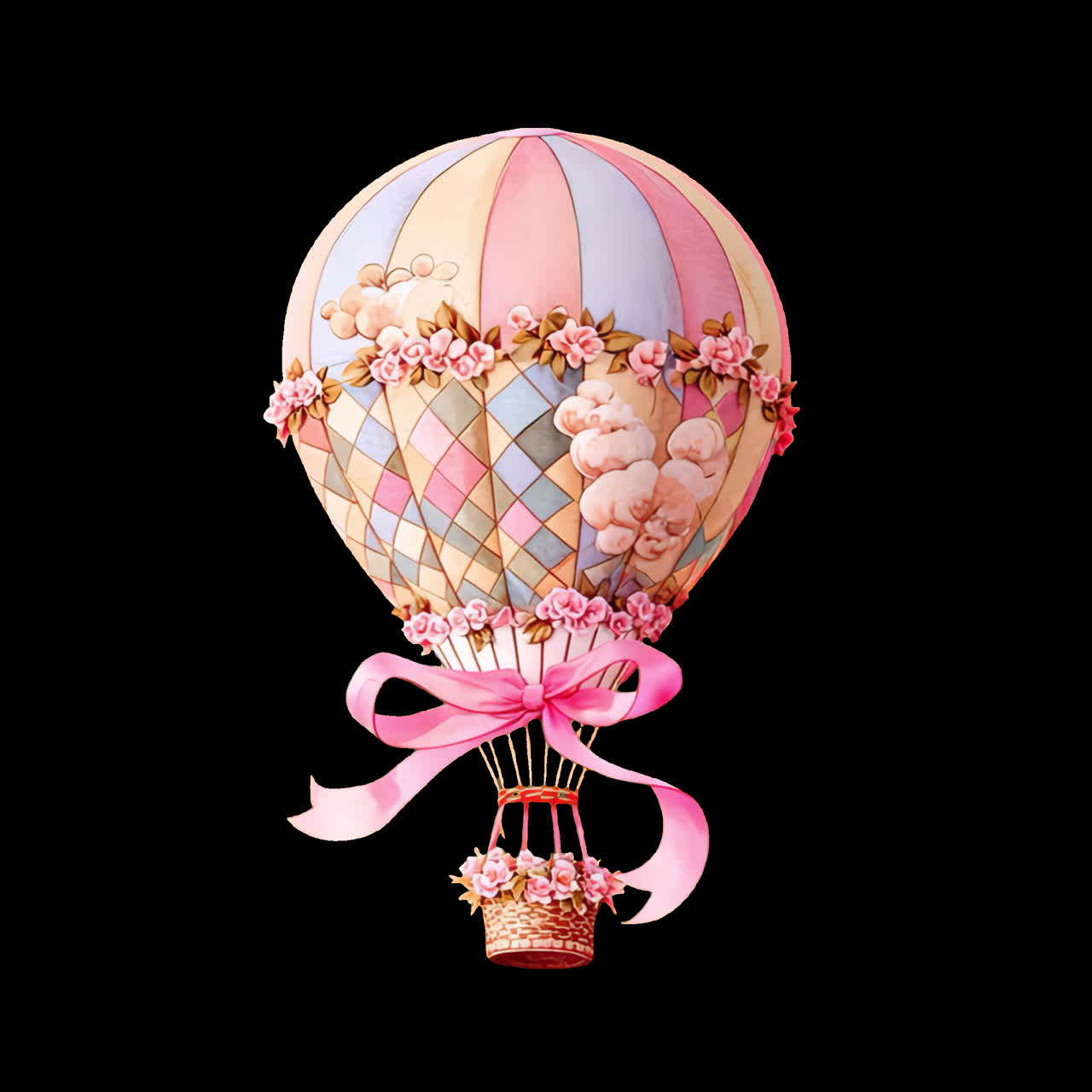 Whimsical pastel hot air balloon animation isolated asset, transparent 4K video, alpha channel