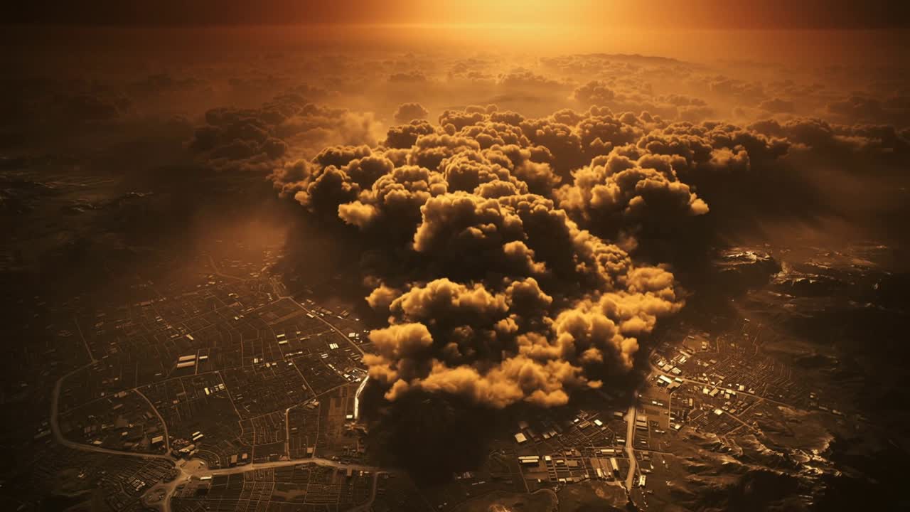 Billowing cloud plume expanding over city grid at golden hour, low sun backlit, obscuring streets