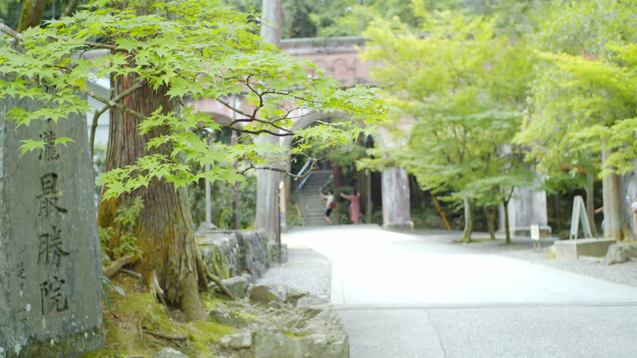 tallado en piedra sentado junto a un árbol frente a un puente de ladrillo con turistas tomando fotos en kyoto, japón iluminación suave