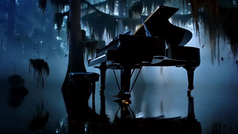 grand piano in a mysterious misty swamp