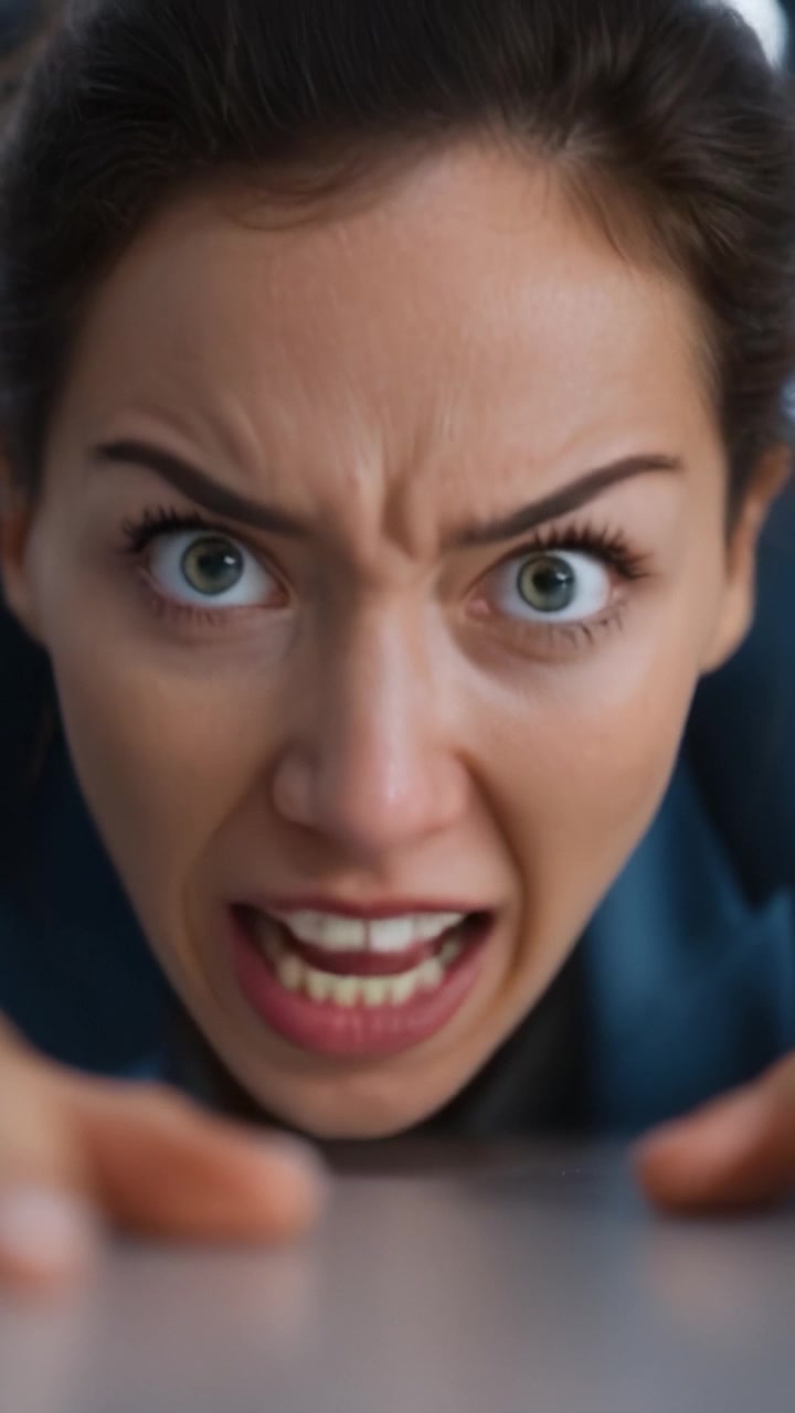 Emozione intensa: primo piano di una donna che mostra rabbia e frustrazione in una sequenza di fotogrammi video accattivante che mostra espressione e reazione umana.