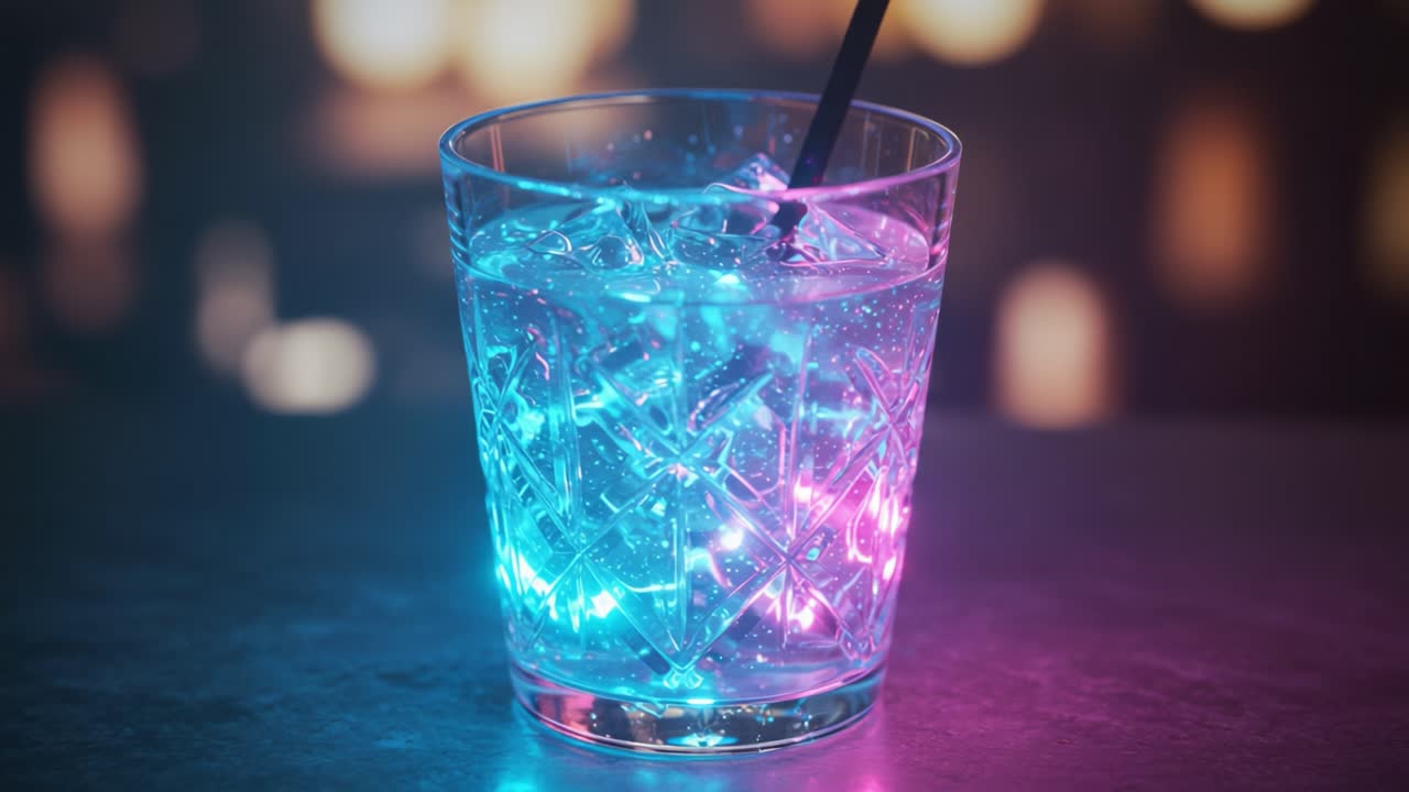 A mesmerizing, illuminated beverage sits in a crystal glass, showcasing vibrant colors reflecting off the ice, creating an enticing atmosphere perfect for any celebration