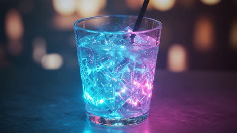 a mesmerizing, illuminated beverage sits in a crystal glass, showcasing vibrant colors reflecting off the ice, creating an enticing atmosphere perfect for any celebration